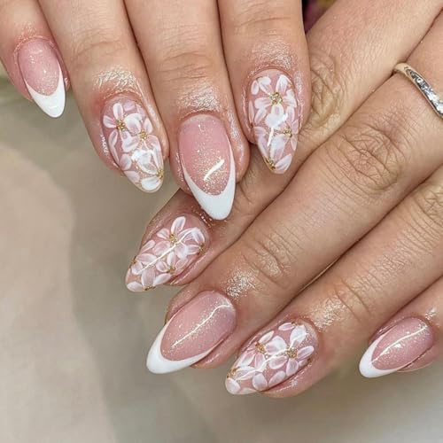 KQueenest Weiß French Nägel zum Aufkleben Mittel Mandel - Press On Nails mit Blumen Gestaltung Glitzer Full Cover Nude Fake Nails Künstliche Fingernägel, Elegant Acryl Nägel für Frauen 24 Stück KQueenest Weiß French Nägel zum Aufkleben Mittel Mandel - Press On Nails mit Blumen Gestaltung Glitzer Full Cover Nude Fake Nails Künstliche Fingernägel, Elegant Acryl Nägel für Frauen 24 Stück von KQueenest