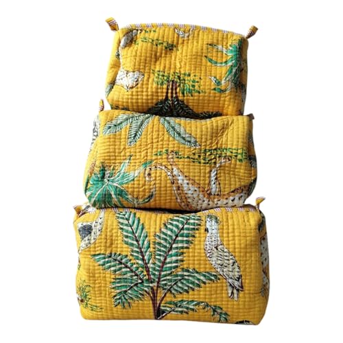 KRAAFTY Set mit 3 gesteppten Baumwollbeuteln, bedruckt, Reise-Kultur- und Kosmetik-Organizer-Taschen, handgefertigtes Aufbewahrungsbeutel-Set für Damen, Gelbes Dschungel-Safari-Set, Small / Medium KRAAFTY Set mit 3 gesteppten Baumwollbeuteln, bedruckt, Reise-Kultur- und Kosmetik-Organizer-Taschen, handgefertigtes Aufbewahrungsbeutel-Set für Damen, Gelbes Dschungel-Safari-Set, Small / Medium von KRAAFTY