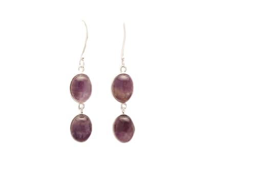 Amethyst Earrings, Sterling Silver, Genuine Purple Amethyst Gemstone, Modern Violet Stones dangle earrings, Pending Oval Stone Earrings (Make your choice :: SET + Chain 40cm, Gift Wrapping: Free) von KRAMIKE