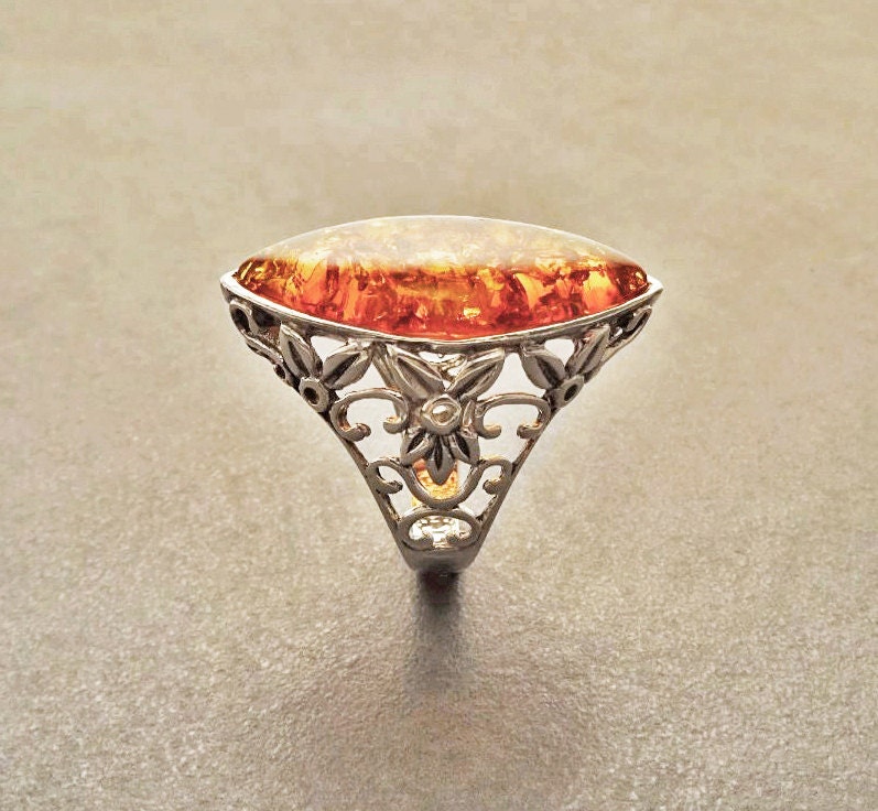 Bernstein Ring, Sterling Silber Echter Edelstein Filigraner Antiker Stein Einzigartiger Statement Boho Schmuck von KRAMIKE