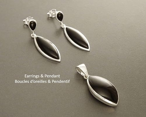 Black Earrings Set, Sterling Silver, Oval Stone, Almond Shape Onyx, Bright Black Stones Dangle Drop Earrings, Modern Geometric Pendant (Make your choice :: SET with Necklace B, Gift Wrapping: Free) von KRAMIKE