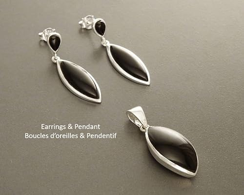 Black Earrings Set, Sterling Silver, Oval Stone, Almond Shape Onyx, Bright Black Stones Dangle Drop Earrings, Modern Geometric Pendant (Make your choice :: SET with Necklace C, Gift Wrapping: Free) von KRAMIKE