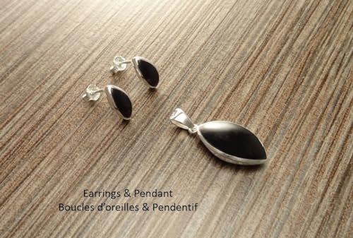 Black Oval earrings Set, Sterling Silver, Almond Shape Onyx Stone, Dangle Post Earrings, Modern Minimalist pointed style Design Jewelry (Make your choice :: SET + Chain 40cm, Gift Wrapping: Free) von KRAMIKE