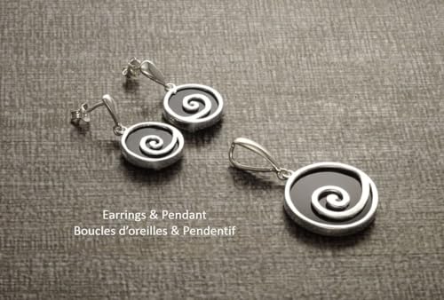 Black Spiral Round Earrings Set, Sterling Silver, Black Onyx Stone, Modern Round Swirl Jewelry, Modern Design Pendant and Earrings Set (Make your choice :: Earrings & Pendant, Gift Wrapping: Free) von KRAMIKE