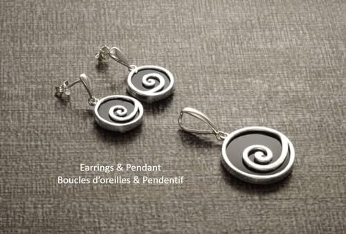 Black Spiral Round Earrings Set, Sterling Silver, Black Onyx Stone, Modern Round Swirl Jewelry, Modern Design Pendant and Earrings Set (Make your choice :: SET + 45cm chain, Gift Wrapping: Free) von KRAMIKE