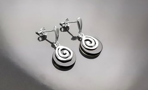 Black round earrings - Sterling Silver 925, Black Onyx Stone Dangle Earrings, Spiral Design Earrings, Modern Swirl Design Jewelry (Make your choice :: SET + Chain 40cm, Gift Wrapping: Free) von KRAMIKE