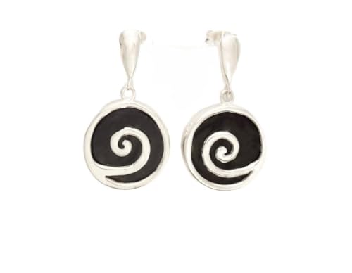 Black round earrings - Sterling Silver 925, Black Onyx Stone Dangle Earrings, Spiral Design Earrings, Modern Swirl Design Jewelry (Make your choice :: SET With Necklace B, Gift Wrapping: Free) von KRAMIKE