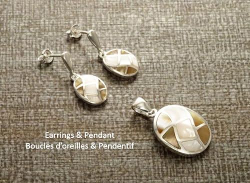 Checkered Earrings Set, Sterling Silver, Natural White Mother of Pearl Oval Mosaic and Genuine Brown Cooper Color Paua Shell, Stone Jewelry (Make your choice :: SET + Chain 60cm, Gift Wrapping: Free) von KRAMIKE