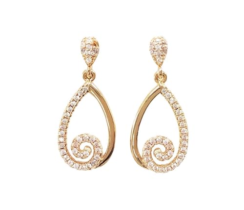 Drop spiral earrings golden with 18K genuine gold plated, set with sparkling cubic zirconia Cz stones. Dangle pendant earrings von KRAMIKE