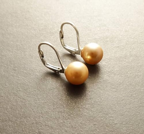 Gold Pearl Earrings, Sterling Silver, 8 mm balls Lever Back Earrings, Minimalist, GENUINE Shell Pearl Jewelry, Woman Gift (Quantity/Quantité: 3 Pairs of 8 mm, Gift-Wrapping: Free) von KRAMIKE