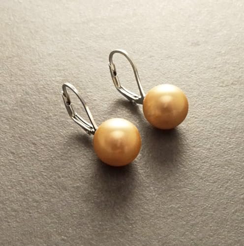 Gold Pearl Earrings, Sterling Silver, GENUINE Shell Pearl, Lever Back Minimalist Pearl Jewelry, 10 mm diameter, woman Gift (Quantity/Quantité: 3 Pairs of 10 mm, Gift Wrapping: Free) von KRAMIKE