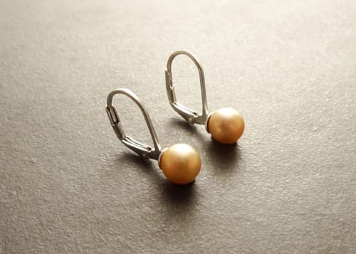 Gold Pearl Earrings, Sterling Silver, Lever Back Earrings, GENUINE 6 mm Gold Shell Balls Earrings, Minimalist, Pearl Jewelry (Quantity/Quantité: 3 Pairs of 6 mm, Gift Wrapping: Free) von KRAMIKE