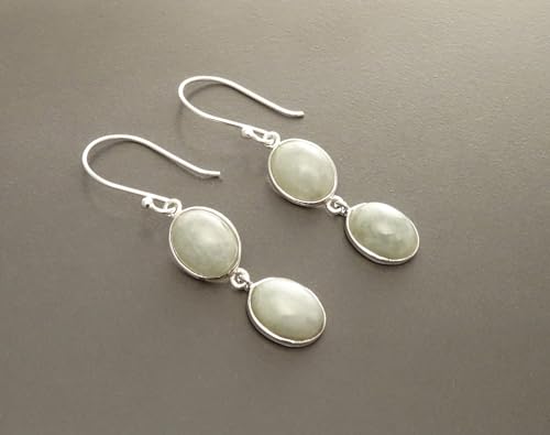 Jade Earrings, Sterling Silver, NATURAL Light Green Jade Gemstone, Minimalist Drop Stone Earrings, Modern Dangle Oval Stones Jewelry (Make your choice :: Set With Necklace B, Gift Wrapping: Free) von KRAMIKE