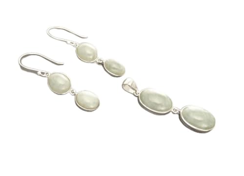 NATURAL Jade Earrings,Sterling Silver Healing stone NOT-DYED Light Green Jade Stone Minimalist Pendant Real Jade Gemstone Modern Jewelry (Make your choice :: SET + Chain 50cm, Gift-Wrapping: Free) von KRAMIKE