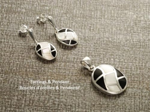 Onyx Earrings Set, Sterling Silver, Bicolor Black White Stones Oval Mosaic Mother of Pearl Shell, Modern Geometric Stone Checkered Jewelry (Make your choice :: SET + Chain 45cm, Gift Wrapping: Free) von KRAMIKE