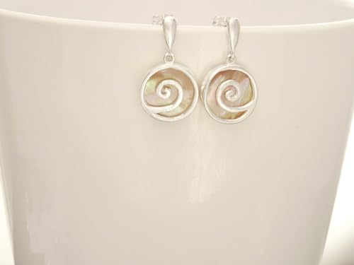 Paua Shell Spiral earrings, Sterling Silver, Dangle Earrings, Geometric, Round, GENUINE Brown Gold Mother of Pearl with Rainbow Colors (Make your choice :: Set With Necklace B, Gift Wrapping: Free) von KRAMIKE