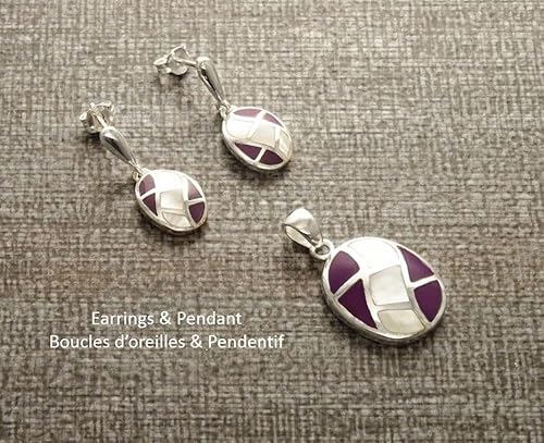 Purple Earrings Set, Sterling Silver, Modern Oval Geometric Design Mosaic Jewelry, White Mother of Pearl Shell, Violet Stones, Wave Pattern (Make your choice : SET with Necklace B, Gift Wrapping:Free von KRAMIKE