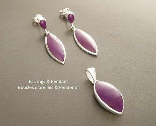 Purple Earrings Set, Sterling Silver, Oval Earrings and Pendant, Almond Shape, Bright Violet Earrings, Dainty Jewelry, Purple Jewelry. (Make your choice :: SET with Necklace B, Gift Wrapping: Free) von KRAMIKE