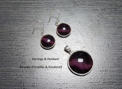 Purple Earrings Set, Sterling Silver, Round Stone Pendant Set, Enhanced Violet Cat's Eye Stones Jewelry, Modern Minimalist Geometric Jewelry (Make your choice :: SET + Chain 45cm, Gift-Wrapping: Free) von KRAMIKE