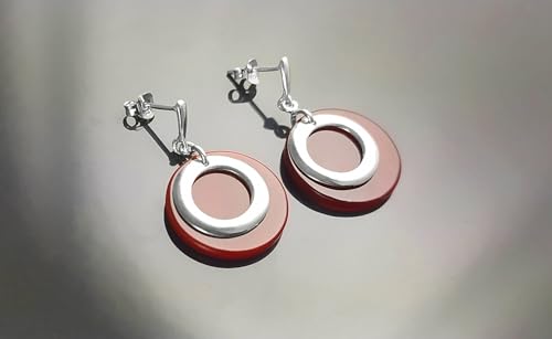 Red Dangle Round Earrings, Sterling Silver, Red Agate Stone Discs, Modern Geometric Earrings, Minimalist Women Gemstone Jewelry (Make your choice :: SET + CHAIN 45 cm, Gift-Wrapping: Free) von KRAMIKE