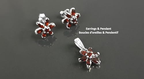 Red Flower Earrings Pendant SET, Sterling Silver, Dainty Stud Earrings, Garnet Color Cz, Tiny Floral Pendent jewelry, Gift for her (Make your choice :: Pendant + Chain 40cm, Gift-Wrapping: Free) von KRAMIKE