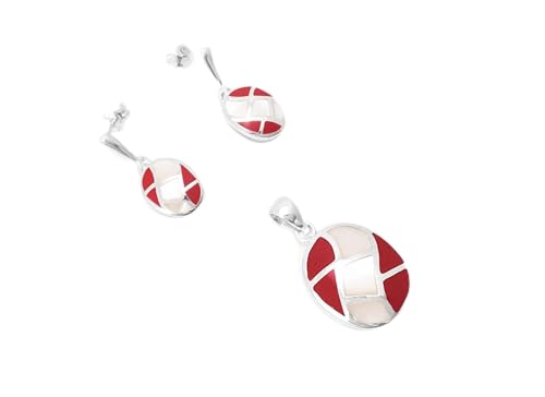 Red Oval Earrings, Sterling Silver, White Mother of Pearl Shell, Red Stone, Mosaic Wave Pattern, Modern Geometric Earrings & Pendant Set (Make your choice :: SET + CHAIN 55 cm, Gift-Wrapping: Free) von KRAMIKE