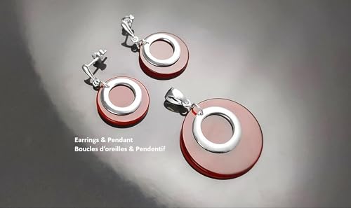 Red Round Earrings Set, Sterling Silver, Red Agate Stone Discs, Modern Dangle Geometric Pendant, Minimalist Women Outfit Jewelry (Make your choice :: SET + CHAIN 45 cm, Gift-Wrapping: Free) von KRAMIKE