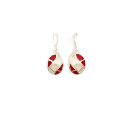 Red White Earrings, Mother of Pearl, Sterling Silver, Red Stone, Oval Mosaic Earrings, Wave Pattern, Inlay Dangle Earrings, Shell earrings. (Make your choice : Earrings & Pendant, Gift Wrapping:Free von KRAMIKE