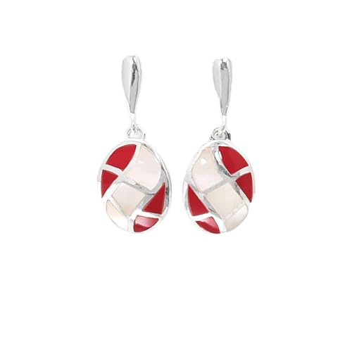 Red White Earrings, Mother of Pearl, Sterling Silver, Red Stone, Oval Mosaic Earrings, Wave Pattern, Inlay Dangle Earrings, Shell earrings. (Make your choice : SET + CHAIN 45 cm, Gift Wrapping: Free) von KRAMIKE