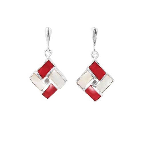 Red and White SILVER Earrings, 925 Sterling Silver, SQUARE Red Stone and White Mother of Pearl Modern Shell Necklace, Checkered Jewelry. (Make your choice :: SET + Chain 50cm, Gift Wrapping: Free) von KRAMIKE