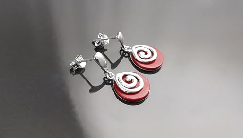 Red round earrings - Sterling Silver 925, Lipstick Red Stone Dangle Earrings, Spiral Design Earrings, Modern Swirl Design Jewelry (Make your choice :: SET:Earrings+Pendant, Gift Wrapping: Free) von KRAMIKE