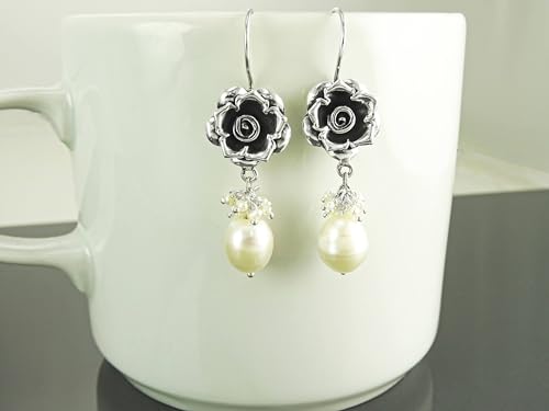 Roses earrings Pearl, Sterling Silver, Genuine White Natural Fresh Water Pearl, Vintage Rose Flower Dangle Earrings, Antique Rosebuds, Gift (Make your choice : SET:Earrings+Pendant, Gift Wrapping:Free von KRAMIKE