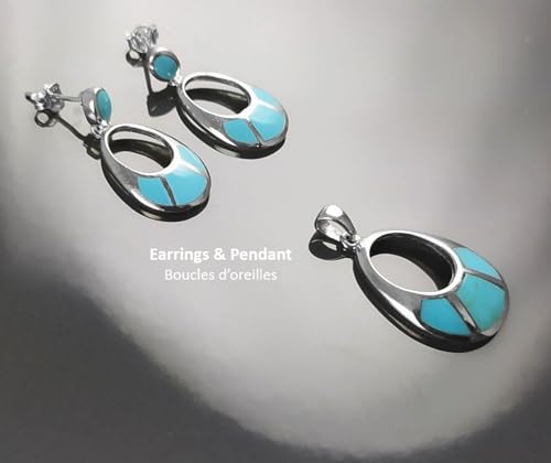 SET Turquoise Sterling Silver Earrings and Pendant Sterling Silver, Oval Almond Shape Blue Turquoise, Turquoise Stones, Dangle Earrings (Make your choice :: SET + Chain 50 cm, Gift Wrapping: Free) von KRAMIKE