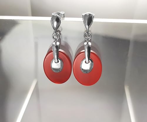 Square Earrings, Sterling Silver, Geometric Red Square Stone Earrings, Red Agate Flat Gemstone, Modern Minimalist Jewelry, Woman gift (Make your choice :: SET + Chain 45cm, Gift-Wrapping: Free) von KRAMIKE