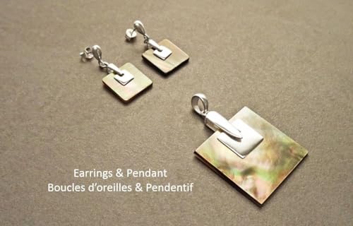 Square earrings, Sterling Silver, GENUINE Grey Paua Shell Dangle Earrings and Pendant SET, Modern Geometric Minimalist Design Jewelry (Make your choice :: SET=Earrings+Pendant, Gift-Wrapping: Free) von KRAMIKE