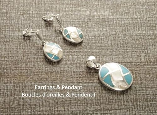 Turquoise Earrings, Sterling Silver, Bicolor Blue Oval Turquoise Stones and White Mother of Pearl Shell, Modern Geometric Stone Jewelry Set (Make your choice : SET:Earrings+Pendant, Gift Wrapping:Free von KRAMIKE