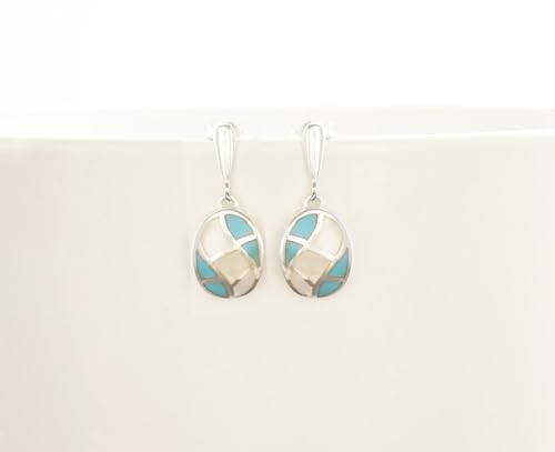 Turquoise Earrings, Sterling Silver, Blue and White Stones, Mother of Pearl Shell and Turquoise Stone, Modern Geometric Oval Mosaic Jewelry (Make your choice :: SET + Chain 45cm, Gift Wrapping: Free) von KRAMIKE