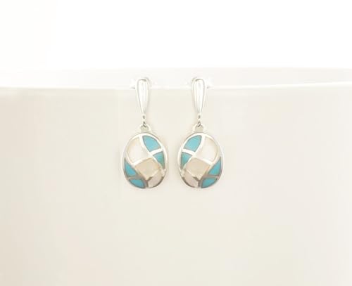 Turquoise Earrings, Sterling Silver, Blue and White Stones, Mother of Pearl Shell and Turquoise Stone, Modern Geometric Oval Mosaic Jewelry (Make your choice :: SET + Chain 50cm, Gift Wrapping: Free) von KRAMIKE