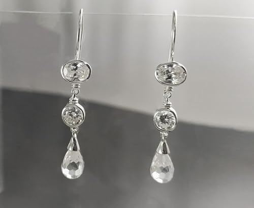 White Clear Drop Earrings - Hook Earrings - Sterling Silver Earrings - stone Cz - Long silver Chandelier earrings - Teardrop stones (Make your choice :: Set With Necklace C, Gift Wrapping: Free) von KRAMIKE