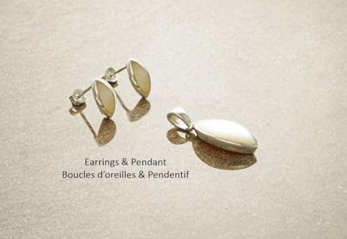 White Oval Shell Earrings Set, Sterling Silver, GENUINE Mother of Pearl Stud Earrings, Modern Minimalist gift for woman, womens jewelry (Make your choice :: SET with Necklace C, Gift Wrapping: Free) von KRAMIKE