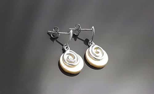 White round earrings, Sterling Silver, Genuine Mother of Pearl Shell Stone, Spiral Design Dangle Earrings, Modern Swirl Design Jewelry (Make your choice :: SET + Chain 50cm, Gift Wrapping: Free) von KRAMIKE