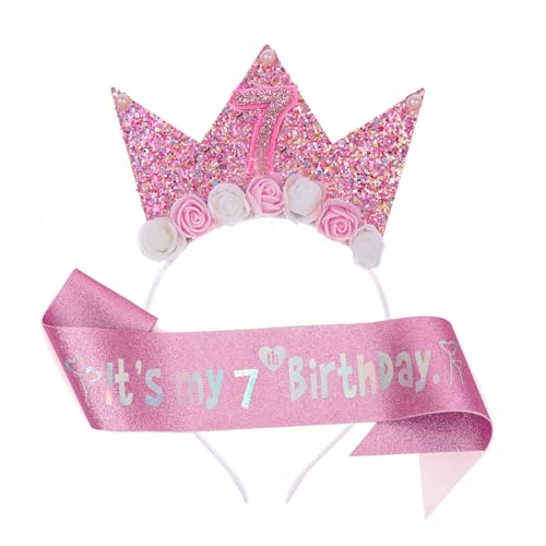 7. Geburtstag Dekorationen für Mädchen - Geburtstag Mädchen Stirnband & Glitzer Schärpe Set - Prinzessin Krone Tiara für Kinder Party Dress Up - Rosa Geburtstage Mädchen Feier Zubehör 7. Geburtstag Dekorationen für Mädchen - Geburtstag Mädchen Stirnband & Glitzer Schärpe Set - Prinzessin Krone Tiara für Kinder Party Dress Up - Rosa Geburtstage Mädchen Feier Zubehör von KRENIE