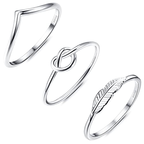 Krfy 3 Stück 925 Sterling Silber Ringe Knöchelringe für Damen 18 Karat Weißgold Liebesknoten Feder Zierliche Ringe Daumen Finger Stapelbare Ringe Set Bandringe für Damen Mädchen von Krfy