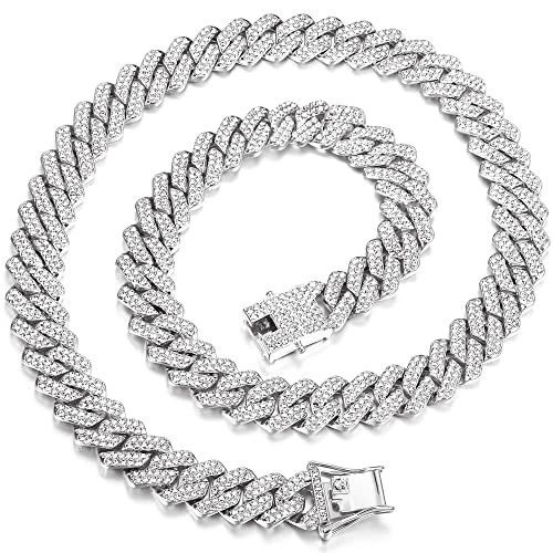 Krfy Iced Out Kette Gold Silber für Herren Kubanische Gliederkette Iced Out Chain für Männer Versilberte Halsketten Herren Kette Diamond Chain Bling Bling Hip Hop Schmuck von Krfy