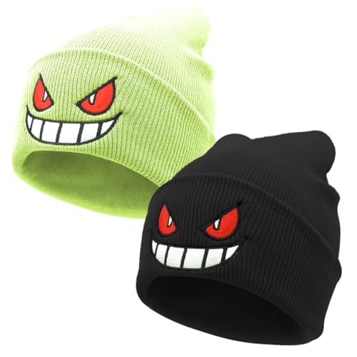 Cute Embroidered Anime Beanie Hat für Erwachsene, 2 Stück Unisex Beanie Verschluss, Mädchen Jungen Warmmütze Strickmütze, Stylish and Warm, Perfect for Men and Women, Schwarz, fluoreszierendes Grün von KRIEG