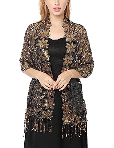 KRIPINC Elegante Pailletten Schals & Tücher für Damen, Stola für Abendkleid, Stola Damen Festlich, Schal Frauen für Hochzeit, Abend, Partykleid (Schwarz+Gold) von KRIPINC