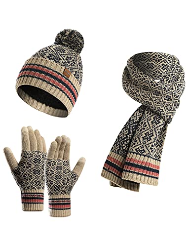 KRIPINC Mütze, Schal & Handschuh-Sets für Herren Damen Junge Mädchen, Warm Winter Drei in Einem Mütze Schal Handschuhe Set, Weihnachtsgeschenke für Familie und Freunde (Stil-A, Beige) von KRIPINC