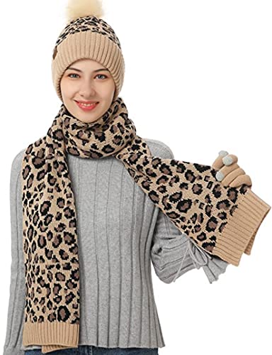 KRIPINC Mütze, Schal & Handschuh-Sets für Herren Damen Junge Mädchen, Warm Winter Drei in Einem Leopard Mütze Schal Handschuhe Set, Weihnachtsgeschenke für Familie Freunde (Stil-B, Beige) von KRIPINC