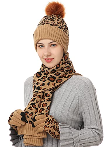 KRIPINC Mütze, Schal & Handschuh-Sets für Herren Damen Junge Mädchen, Warm Winter Drei in Einem Leopard Mütze Schal Handschuhe Set, Weihnachtsgeschenke für Familie Freunde (Stil-B, Khaki) von KRIPINC