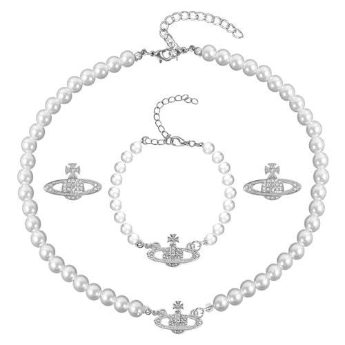 3 Stück Saturn Faux Perle Choker Halskette Planet Perlenkette für Damen Planet Kette Perlenkette Mit Anhänger Perlen Saturn Kristall Strass Halskette für Frau Freundin Mutter Tochter Geschenk, Silber von KRISFD